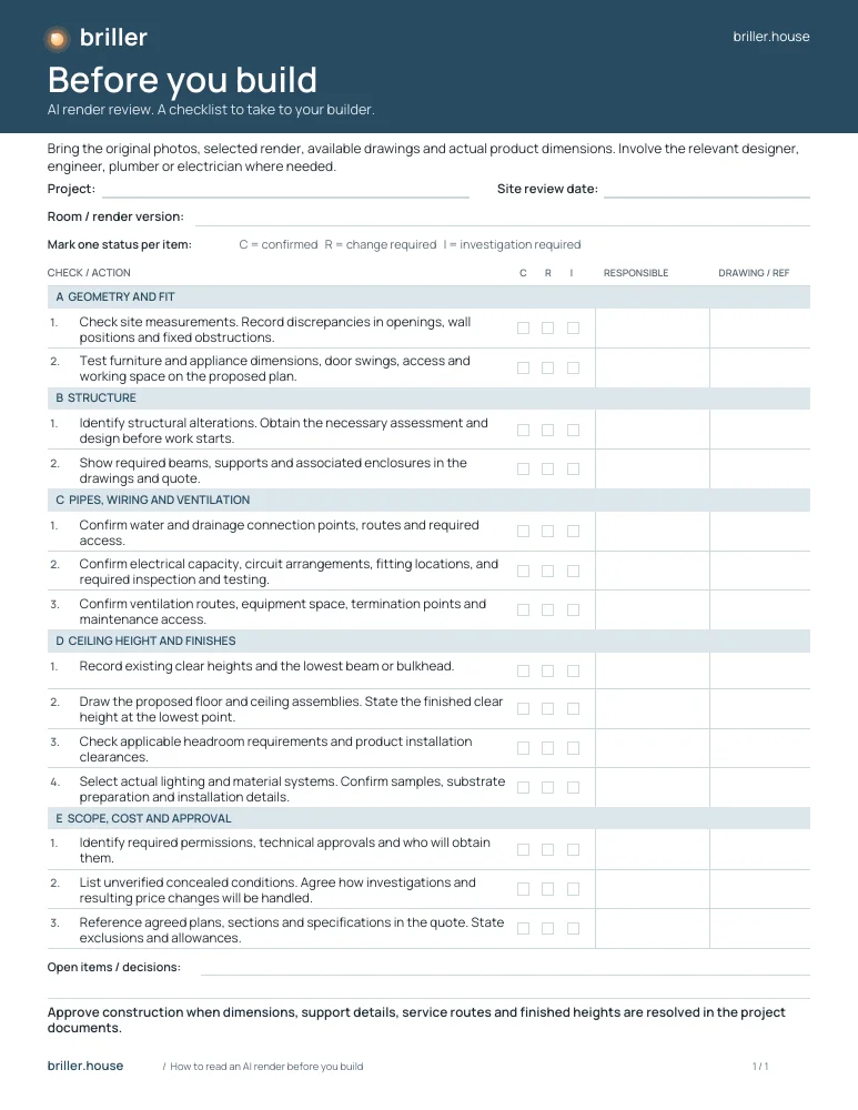 Preview of the one-page builder checklist, with confirmation columns and room for notes.