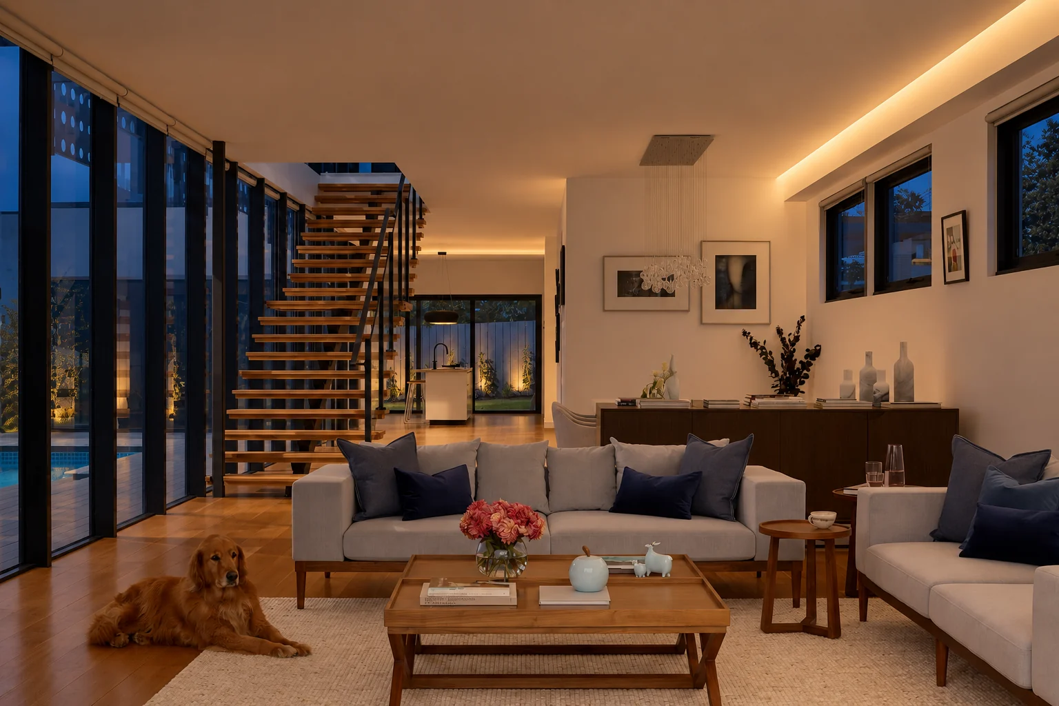 Evening living room with pale sofas, timber stairs, dark-framed windows and soft indirect ceiling light
